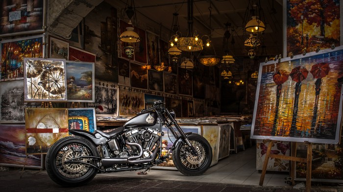 Harley Davidson motorcycle in an art gallery