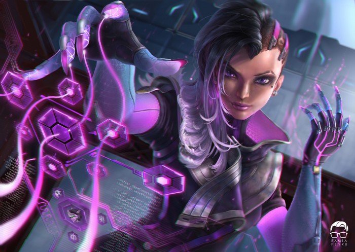 Sombra from Overwatch manipulating digital data