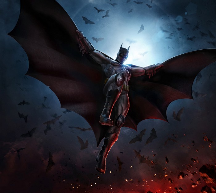 Batman in flight surrounded by bats