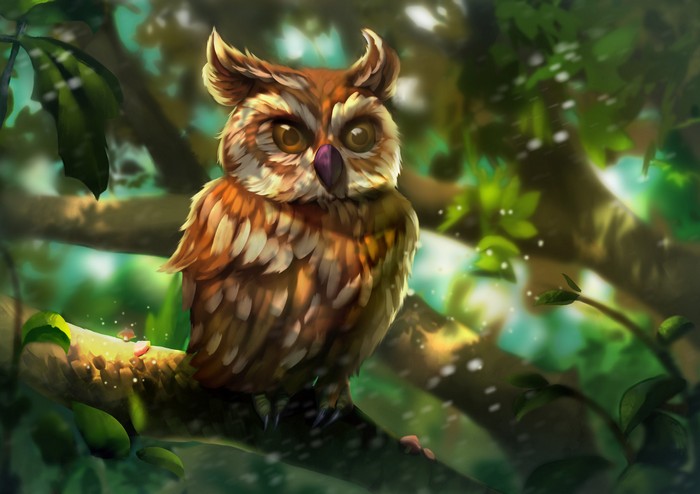 Artwork of an owl perched on a tree branch