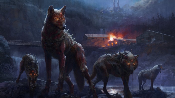 Dark Digital Artwork of Fiery-Eyed Wolves in 4K