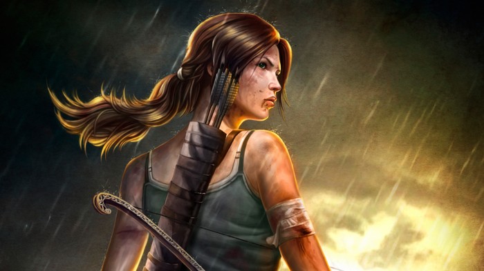 Lara Croft with Bow and Arrows in the Rain