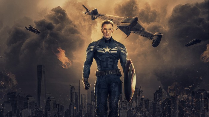Captain America in a burning city with aircraft