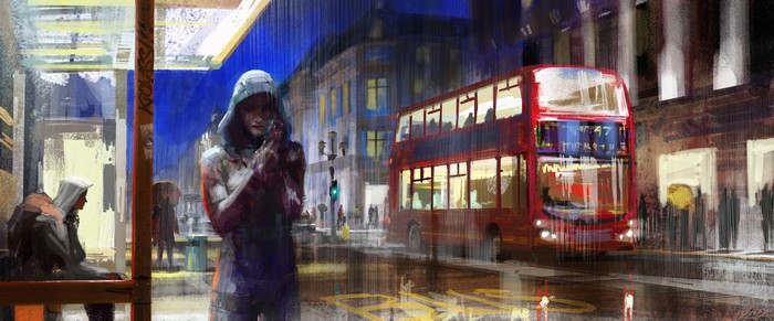 Red double-decker bus in the rain at night