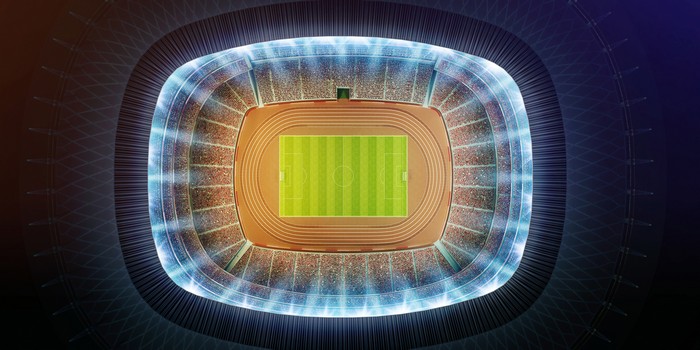 Aerial view of a soccer stadium with a running track