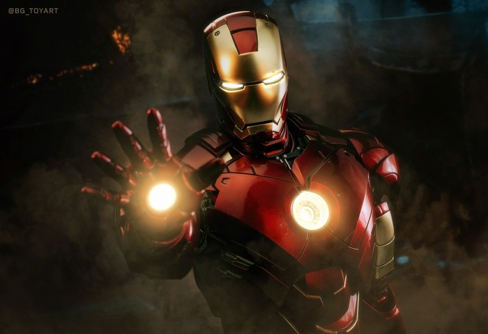 Iron Man in 4K with glowing repulsors