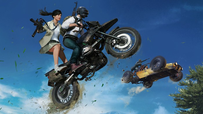 PUBG characters performing a stunt on a motorcycle and buggy