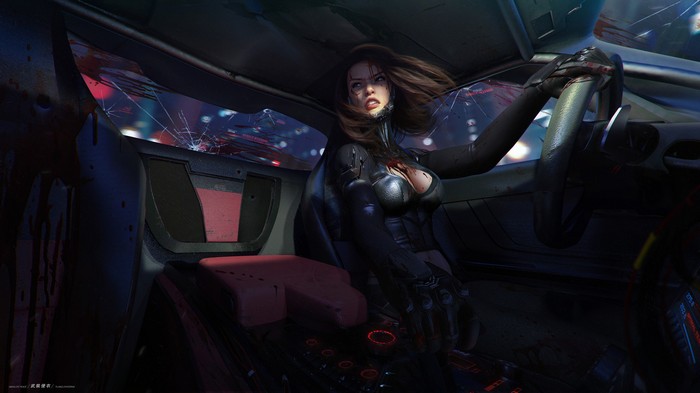 Woman in a futuristic car after a crash