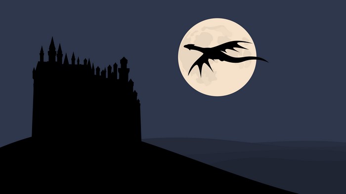 Silhouette of a dragon flying past the moon near a castle