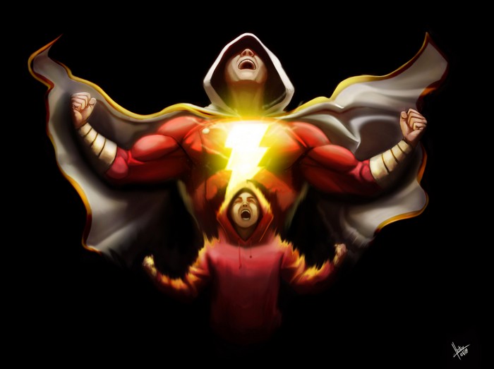 Powerful Shazam with Lightning and Hooded Figure