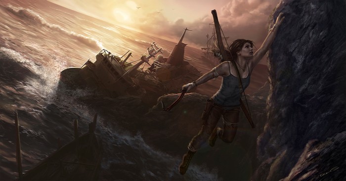 Lara Croft climbing near shipwrecks in rough seas