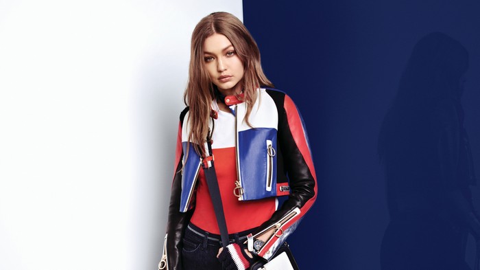 Gigi Hadid wearing a color-blocked jacket