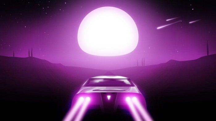Retro futuristic car driving towards a large moon at night