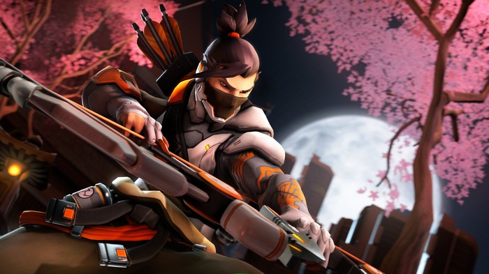 Hanzo aiming his bow under a cherry blossom tree