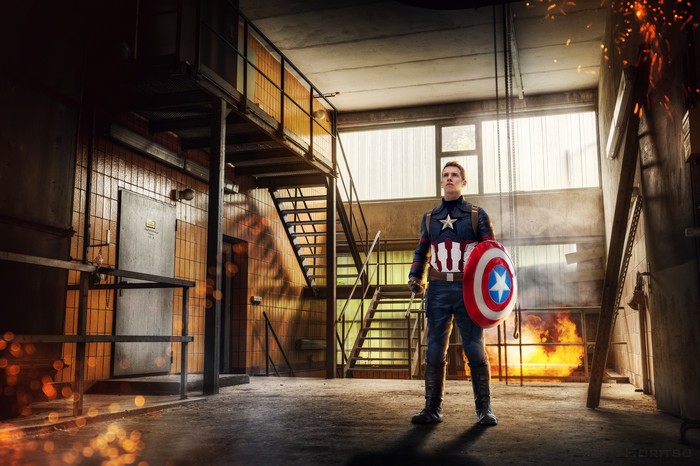 Captain America Cosplay in Industrial Setting