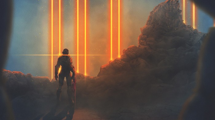 Warrior standing before orange light beams on alien planet