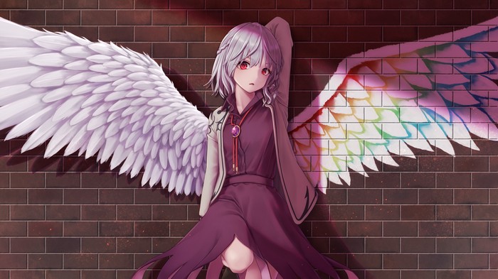 Touhou anime girl with rainbow and white wings