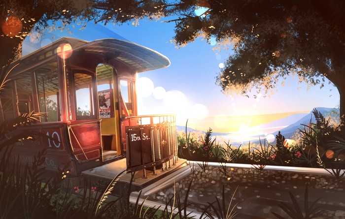 Vintage Cable Car at 15th Street Overlooking a Sunset