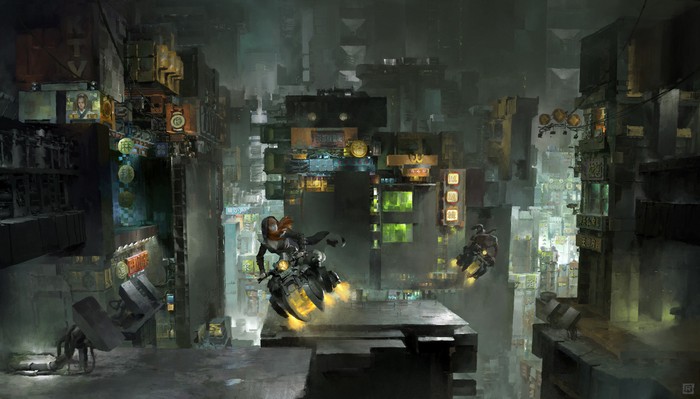 Sci-fi city with riders on hoverbikes