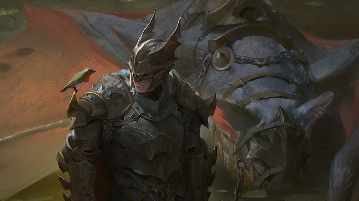 Knight in armor with a bird and a creature