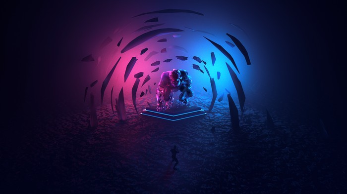 A creature on a platform in a cave with pink and blue lights