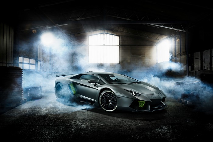 Lamborghini Aventador in a smoky garage