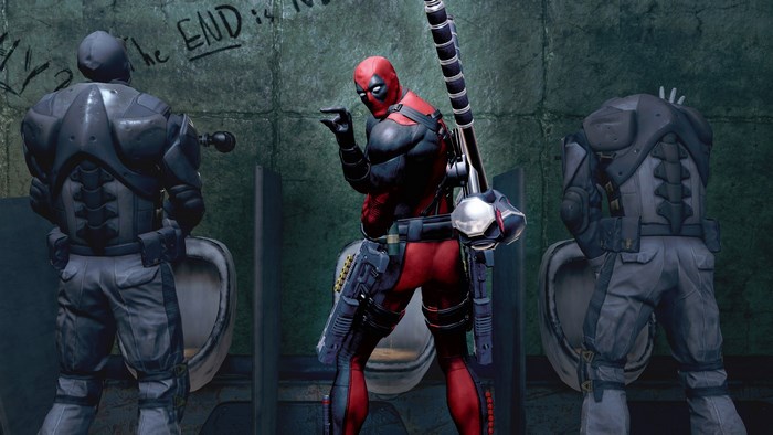 Deadpool in a bathroom with two guards