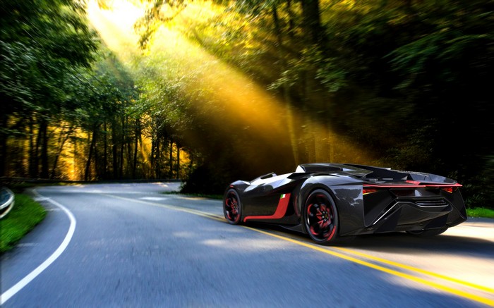 Lamborghini driving on a forest road