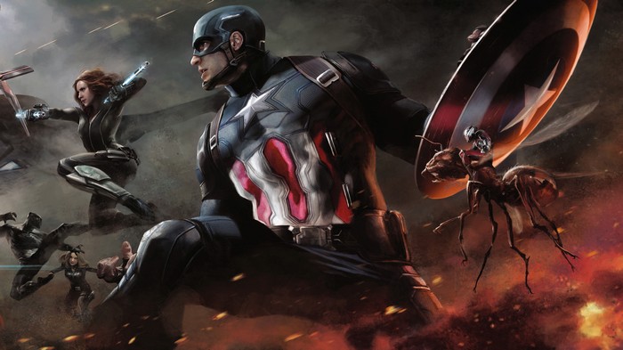 Captain America, Black Widow, and Ant-Man in battle
