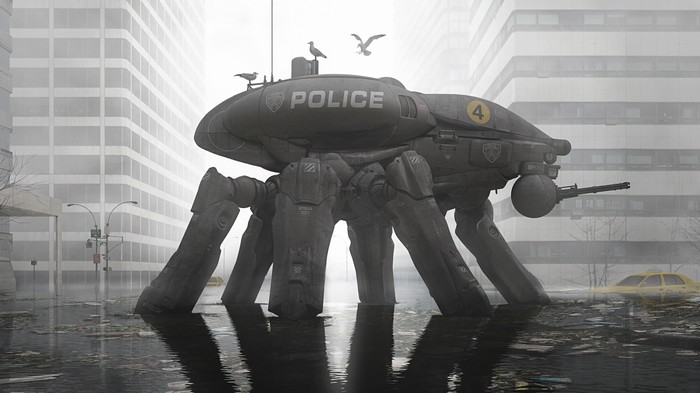 Futuristic Police Walker Mech in Urban Flood 4K
