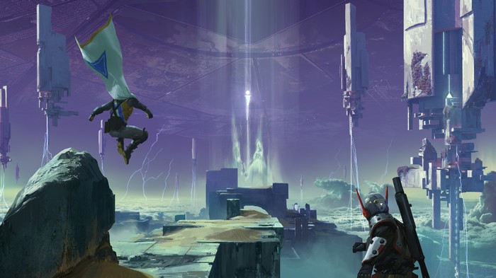 Destiny 2 artwork with Guardians in a futuristic landscape