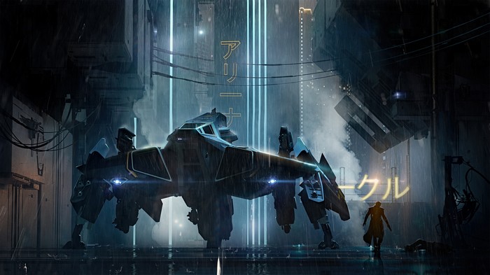 Star Citizen spaceship in a rainy cyberpunk city