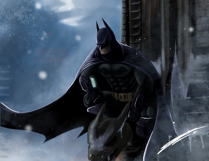 Batman in a snowy, urban environment