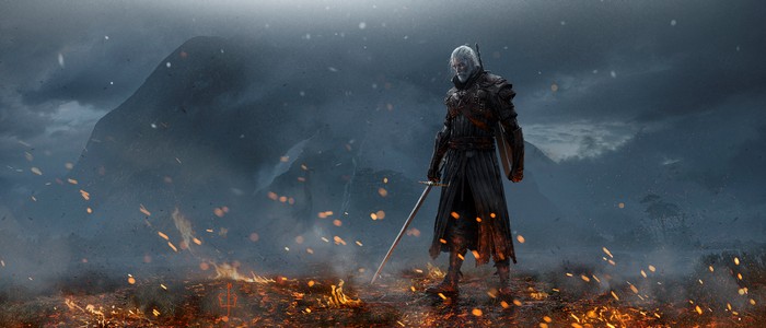 Geralt of Rivia in a fiery landscape