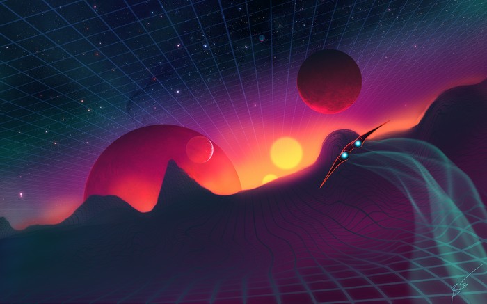 Retro digital universe artwork with planets and spaceship