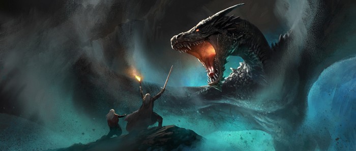Dragon and warriors in a dark, misty environment