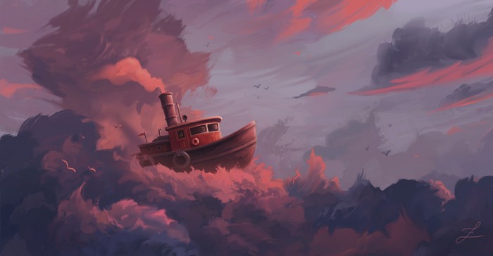 Steampunk boat sailing through colorful clouds