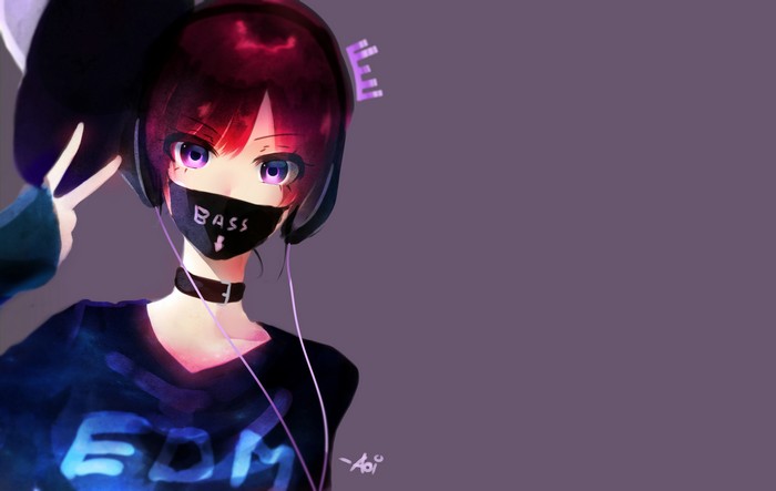 Anime girl with headphones and mask