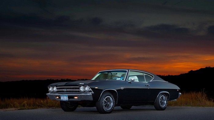 Black 1969 Chevrolet SS coupe at sunset