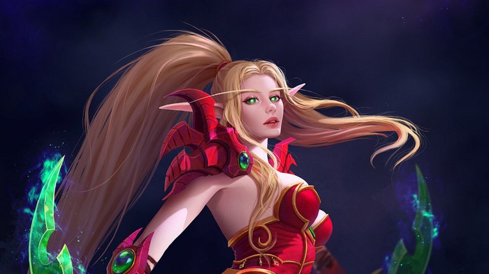 Elf warrior with blonde ponytail and green eyes