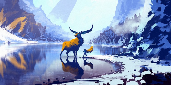 A person and a large deer by a frozen lake