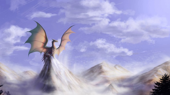 Dragon perched on a snowy mountain peak