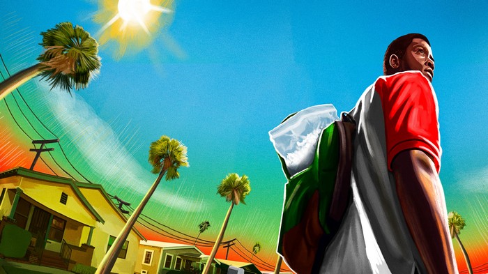 Man with backpack in sunny neighborhood