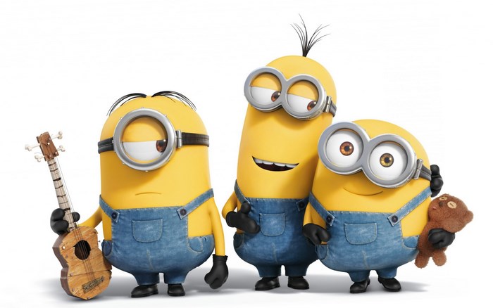 Three Minions with a Ukulele and Teddy Bear