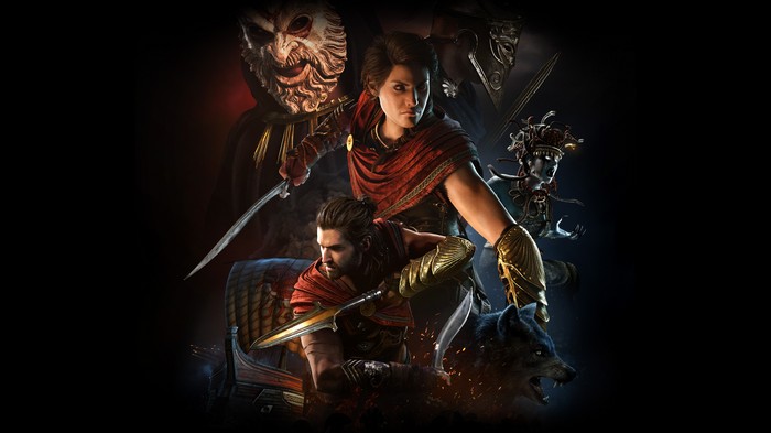 Assassin's Creed Odyssey characters with wolf and mythological figures
