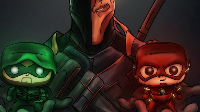 Deathstroke holding Green Arrow and The Flash