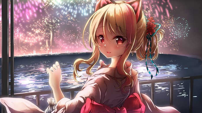 Anime Girl with Cat Ears Watching Fireworks 4K