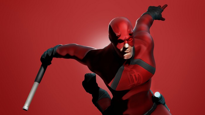 Daredevil in a red suit with a baton