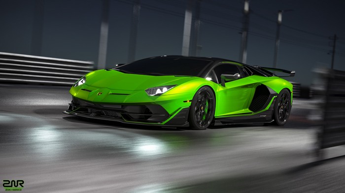 Green Lamborghini Aventador SVJ on Road at Night 4K