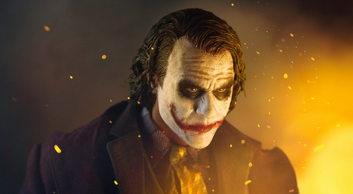 The Joker in a dark, fiery setting